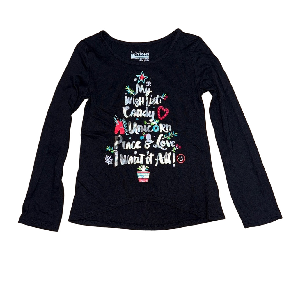 Basic Editions Girls Medium Christmas Tree Unicorn Graphic Long Sleeve Tee